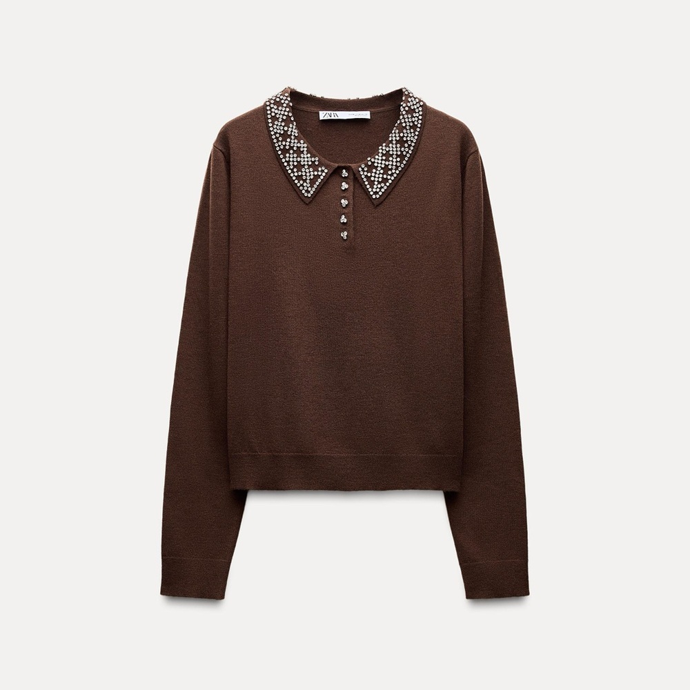 NWT Zara Brown Sweater with Embellished Collar